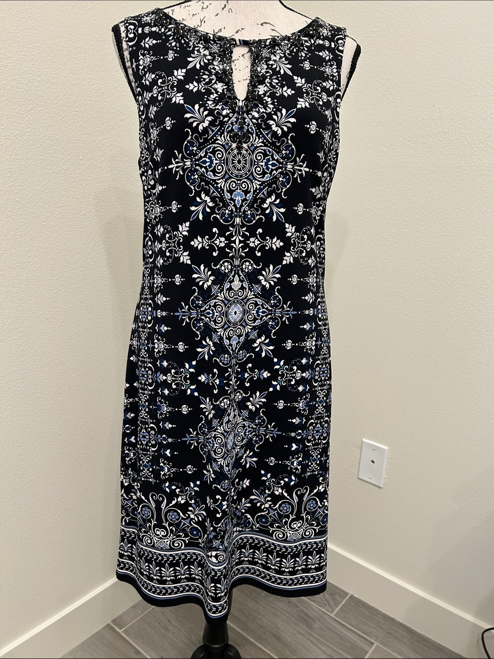WHBM Black, White & Blur Printed Midi Dress with Embellished neckline